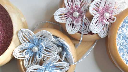 Beaded Orchid Flowers in beaded spinning wheels. 